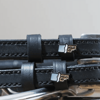 Close-up view of the buckled Chocolate Bar Mane Jane Spur Straps