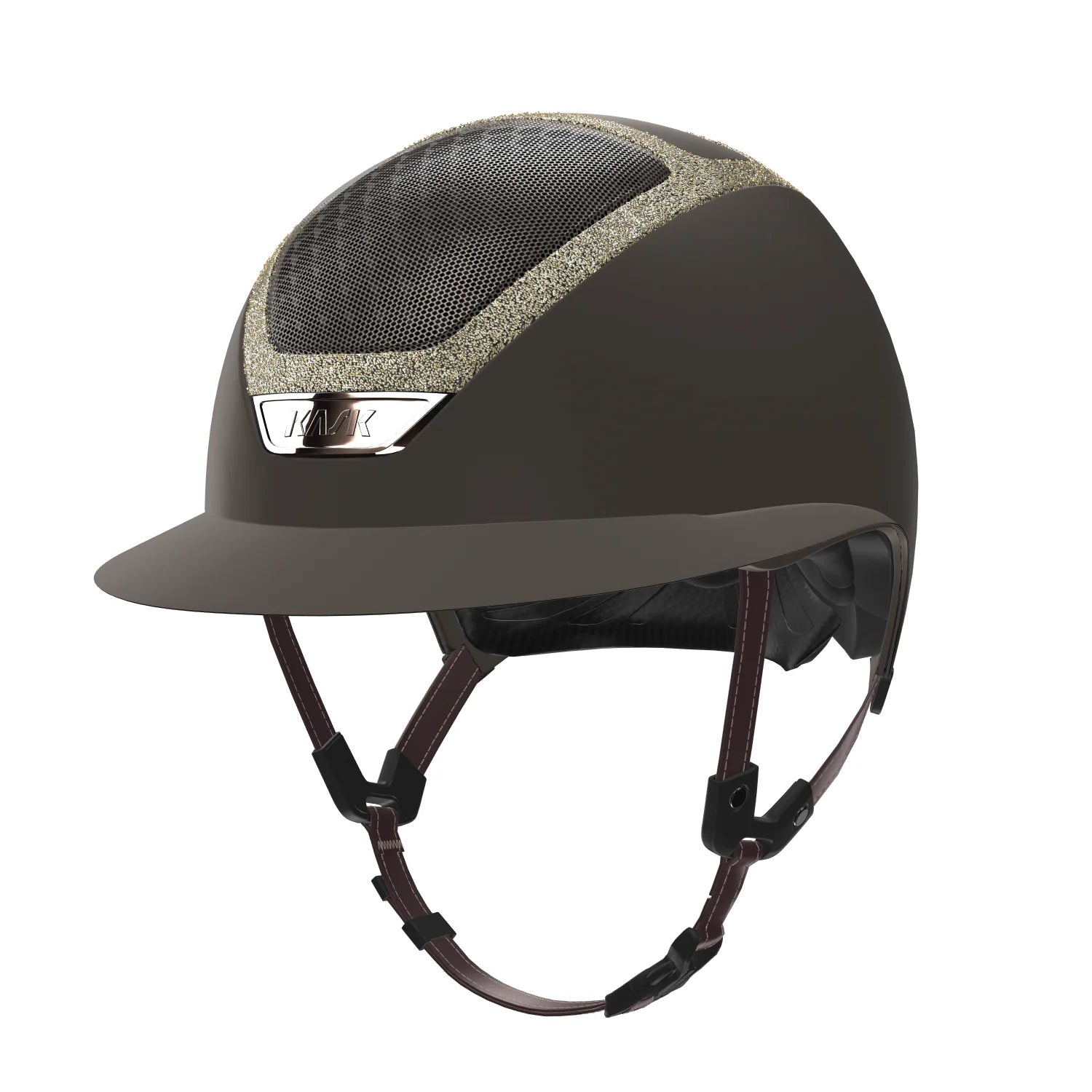 Angled front view of the brown aureum swarovski KASK Star Lady Chrome on a plain background