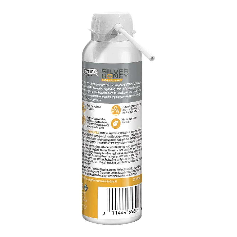 Back view of a can of Absorbine Silver Honey Thrush Foam on a white background