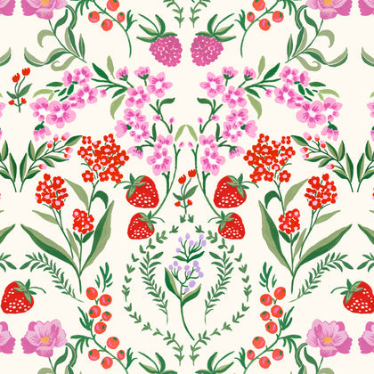 Close-up view of the pattern on the Red Scandinavian Berries Kastel 1/4 Zip Ruffle Tank