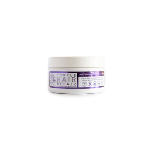 Front view a 250ml container of Hairy Pony Hair Repair in purple whitening Macadamia Elderflower & Jojoba