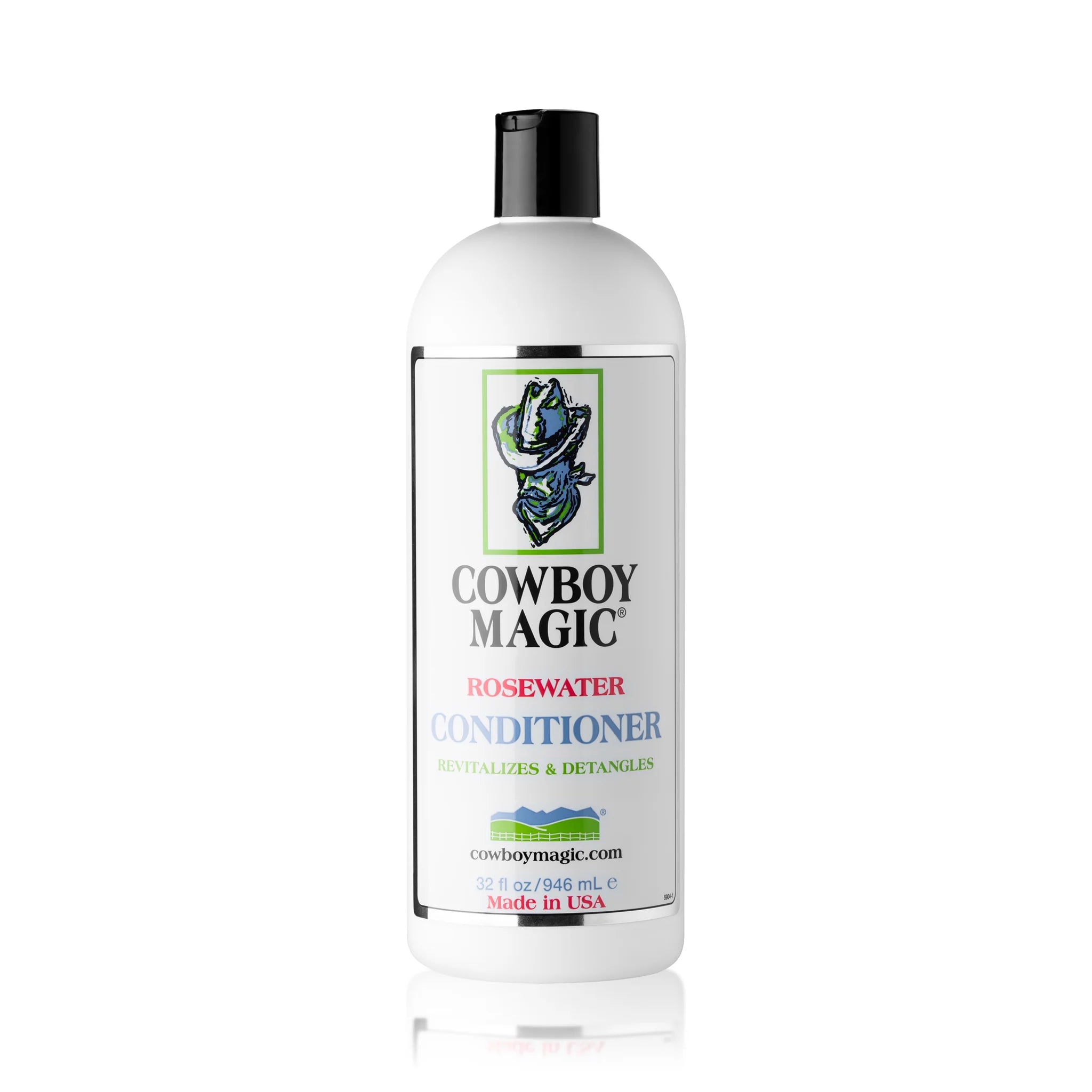 Front view of a 32 oz bottle of Cowboy Magic Rosewater Conditioner on a white background