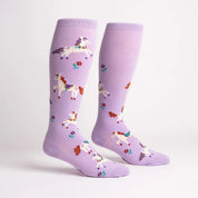 Side views of the Prancing Around Sock It To Me Knee High Socks on a plain background
