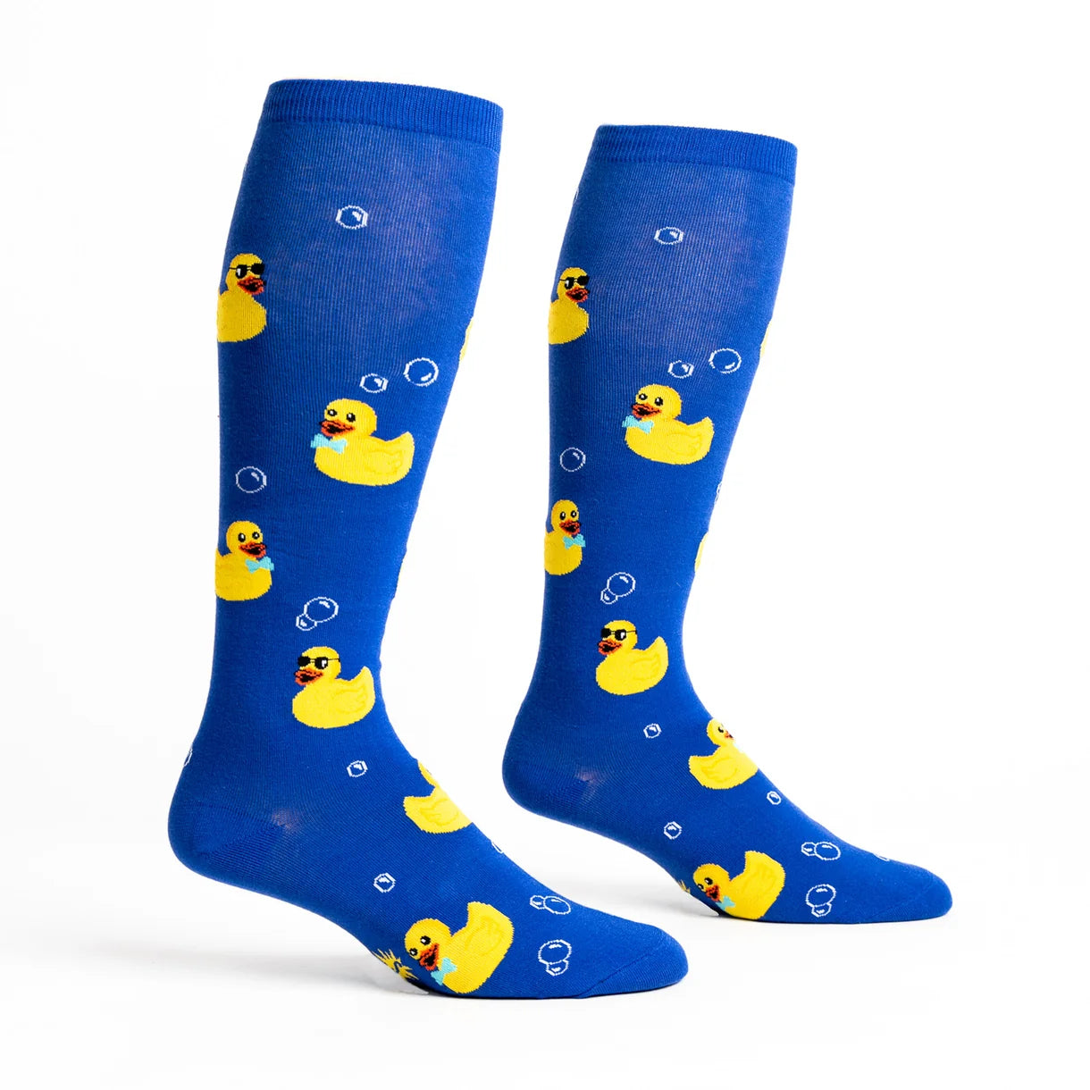 Side views of a pair of Rubber Duckie Sock It To Me Stretch-It Knee High Socks on a white background