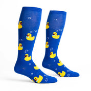 Side views of a pair of Rubber Duckie Sock It To Me Stretch-It Knee High Socks on a white background