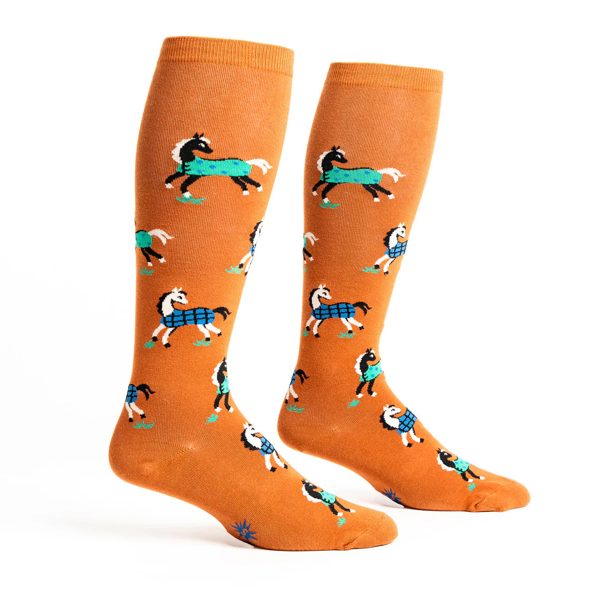 Side views of the Horses Keep Me Stable Sock It To Me Knee High Socks on a plain background