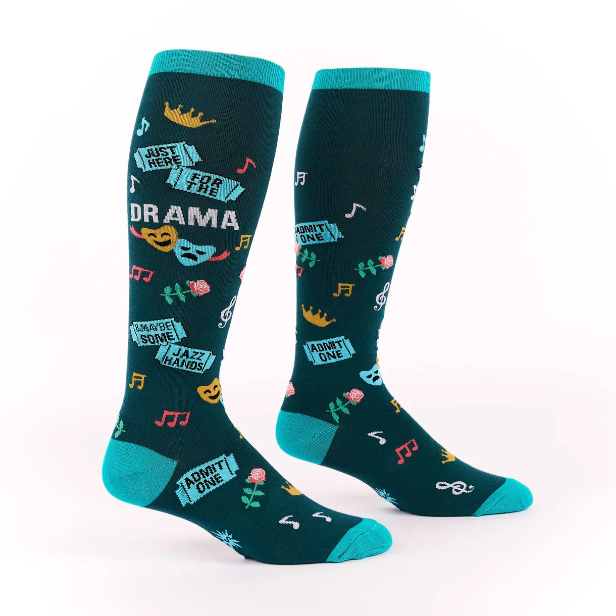 Side views of a pair of Just Here for the Drama Sock It To Me Stretch-It Knee High Socks on a white background