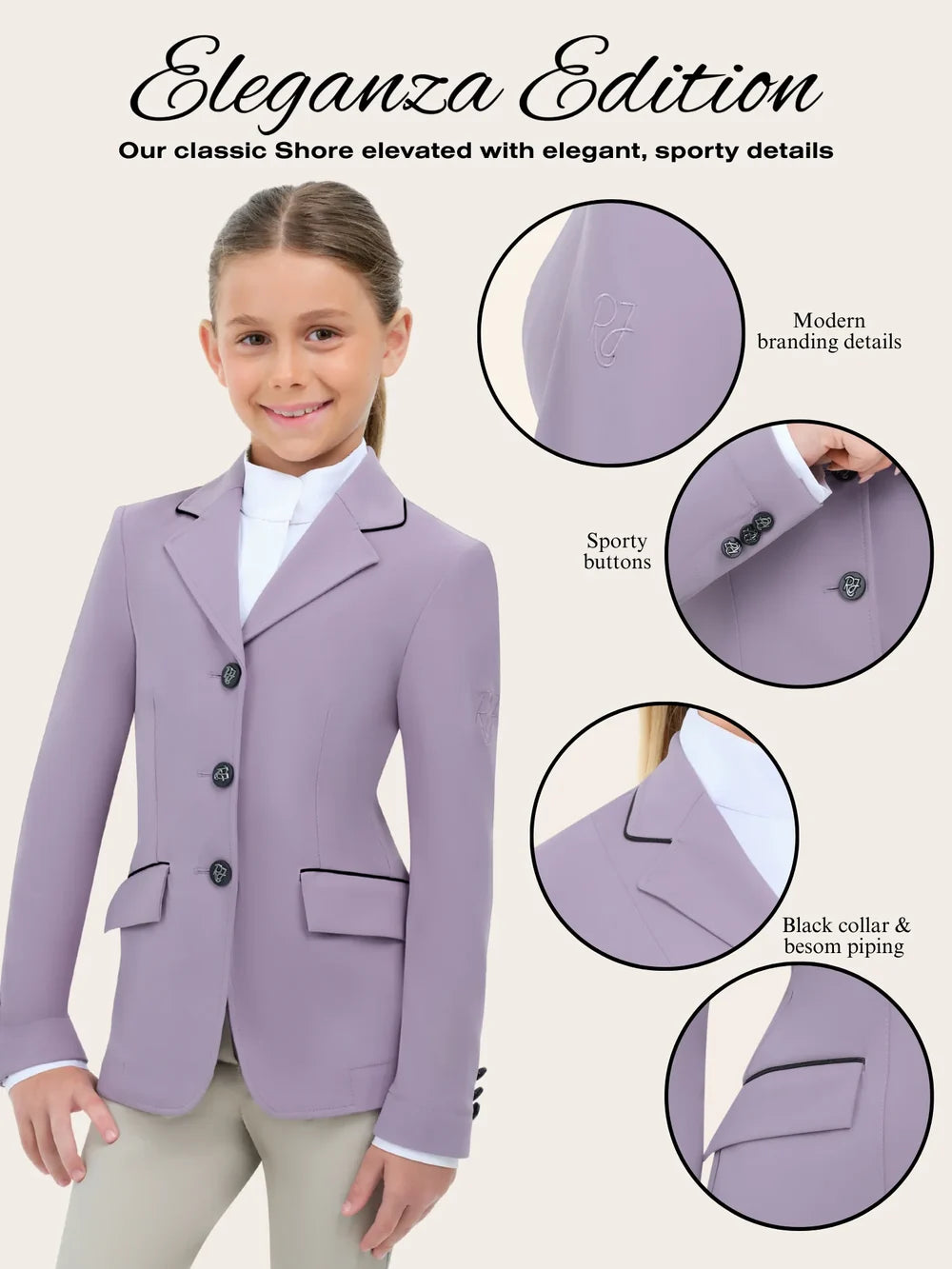 Infographic titled “Eleganza Edition” featuring the RJ Classics Shore Jr. Show Coat Eleganza Edition in Dusty Lilac, a junior equestrian show jacket with black collar and besom piping, three-button front closure, and flap pockets; inset close-ups highlight modern RJ branding, sporty buttons, and contrast pocket piping.