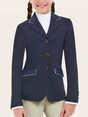 Front view of a young model wearing the twilight grey piping RJ Classics Kids Shore Show Coat on a plain background