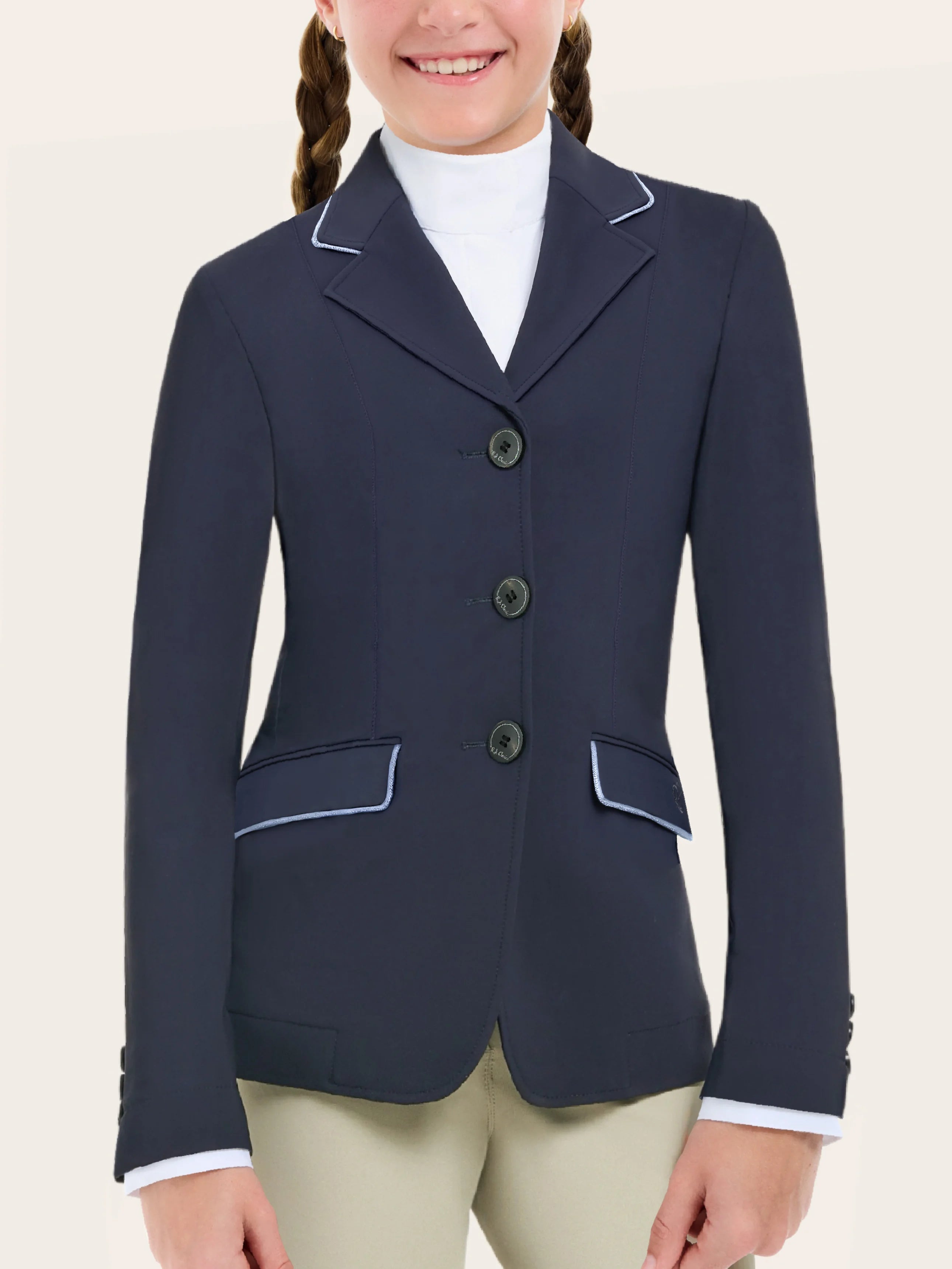Front view of a young model wearing the twilight grey piping RJ Classics Kids Shore Show Coat on a plain background