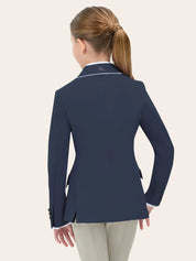 Back view of a young model wearing the twilight grey piping RJ Classics Kids Shore Show Coat on a plain background