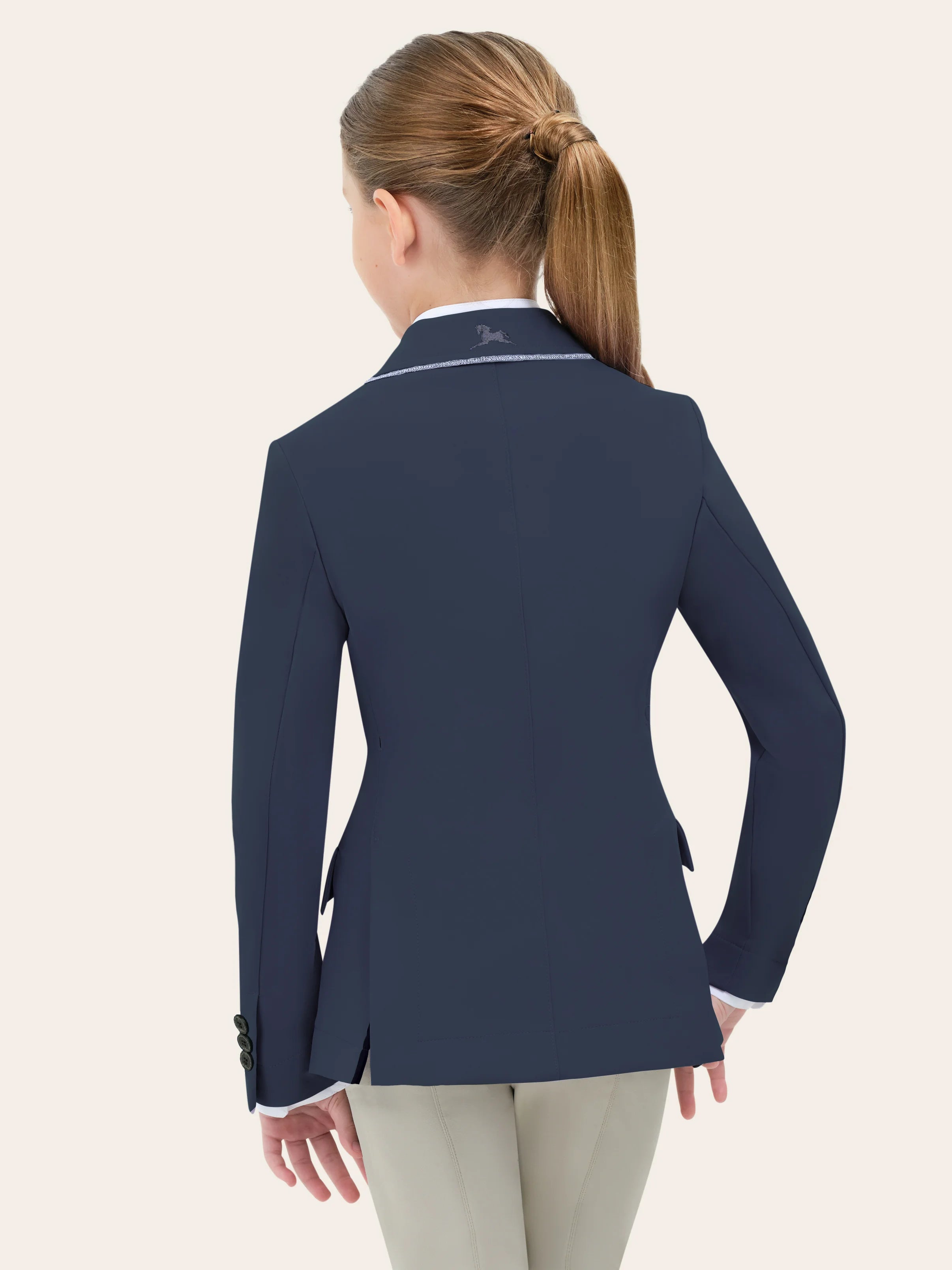 Back view of a young model wearing the twilight grey piping RJ Classics Kids Shore Show Coat on a plain background