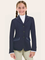 Front view of a young model wearing the twilight grey piping RJ Classics Kids Shore Show Coat on a plain background