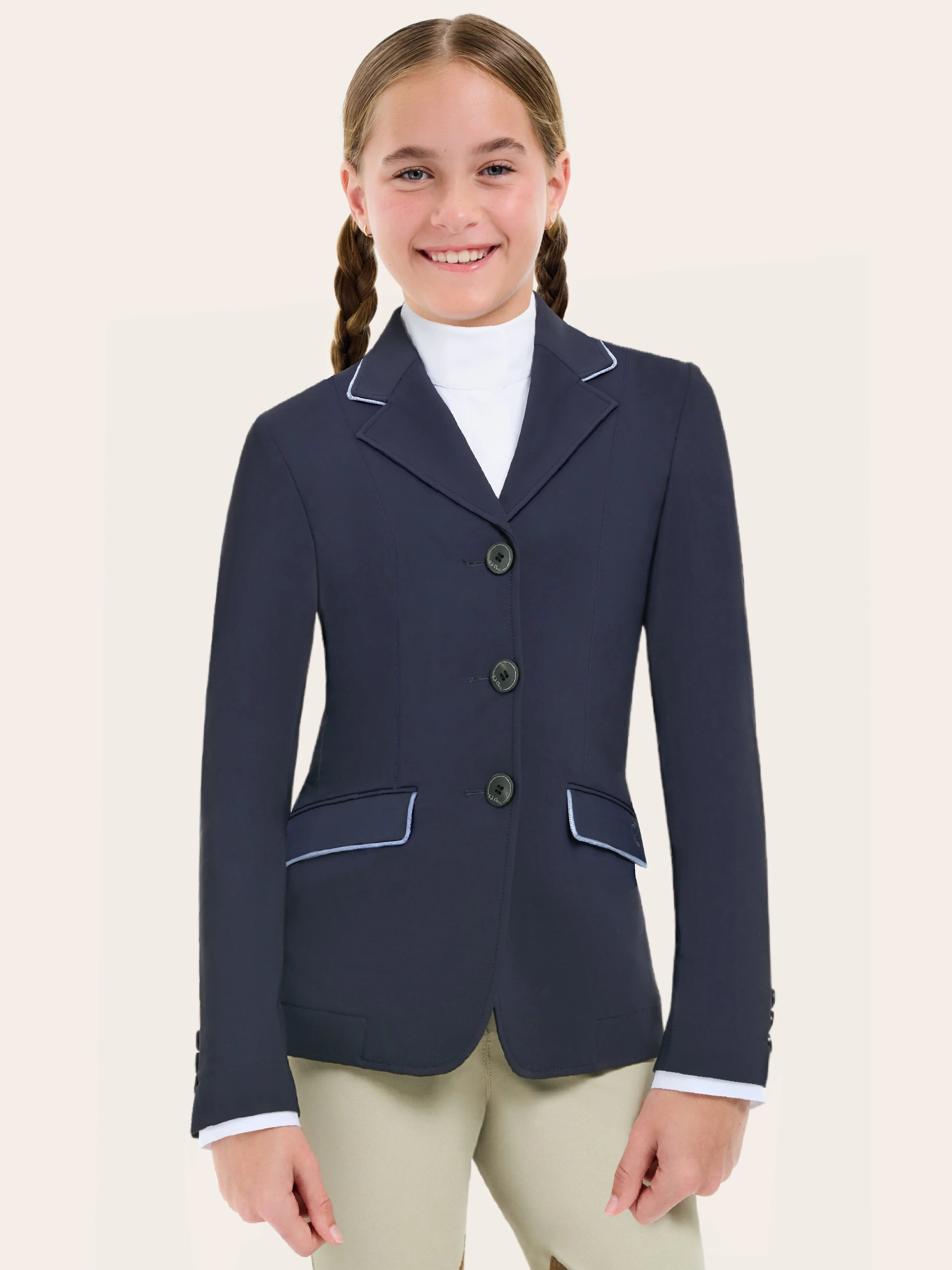 Front view of a young model wearing the twilight grey piping RJ Classics Kids Shore Show Coat on a plain background