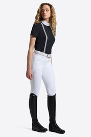 Rider's Gene Short Sleeve Jersey Competition Shirt in navy, front view, worn with white breeches and tall black riding boots