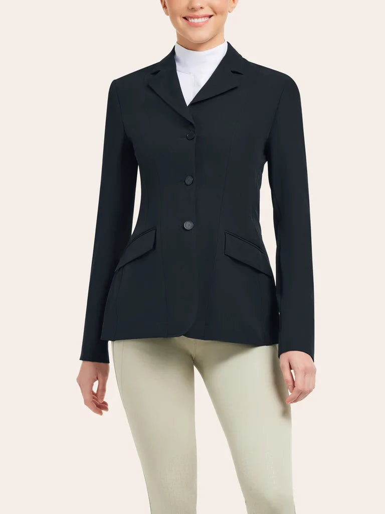 Front view of a model wearing the black RJ Classics Skylar Show Coat on a white background