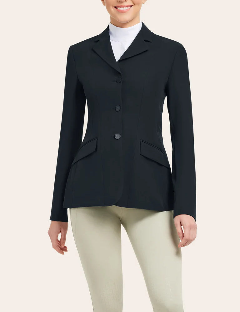 Front view of a model wearing the black RJ Classics Skylar Show Coat on a white background