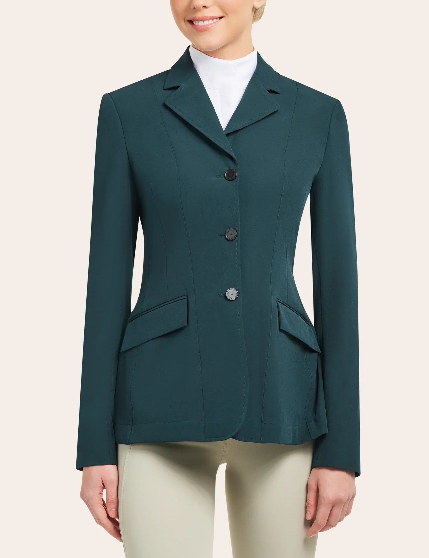 Front view of a model wearing the green RJ Classics Skylar Show Coat on a white background
