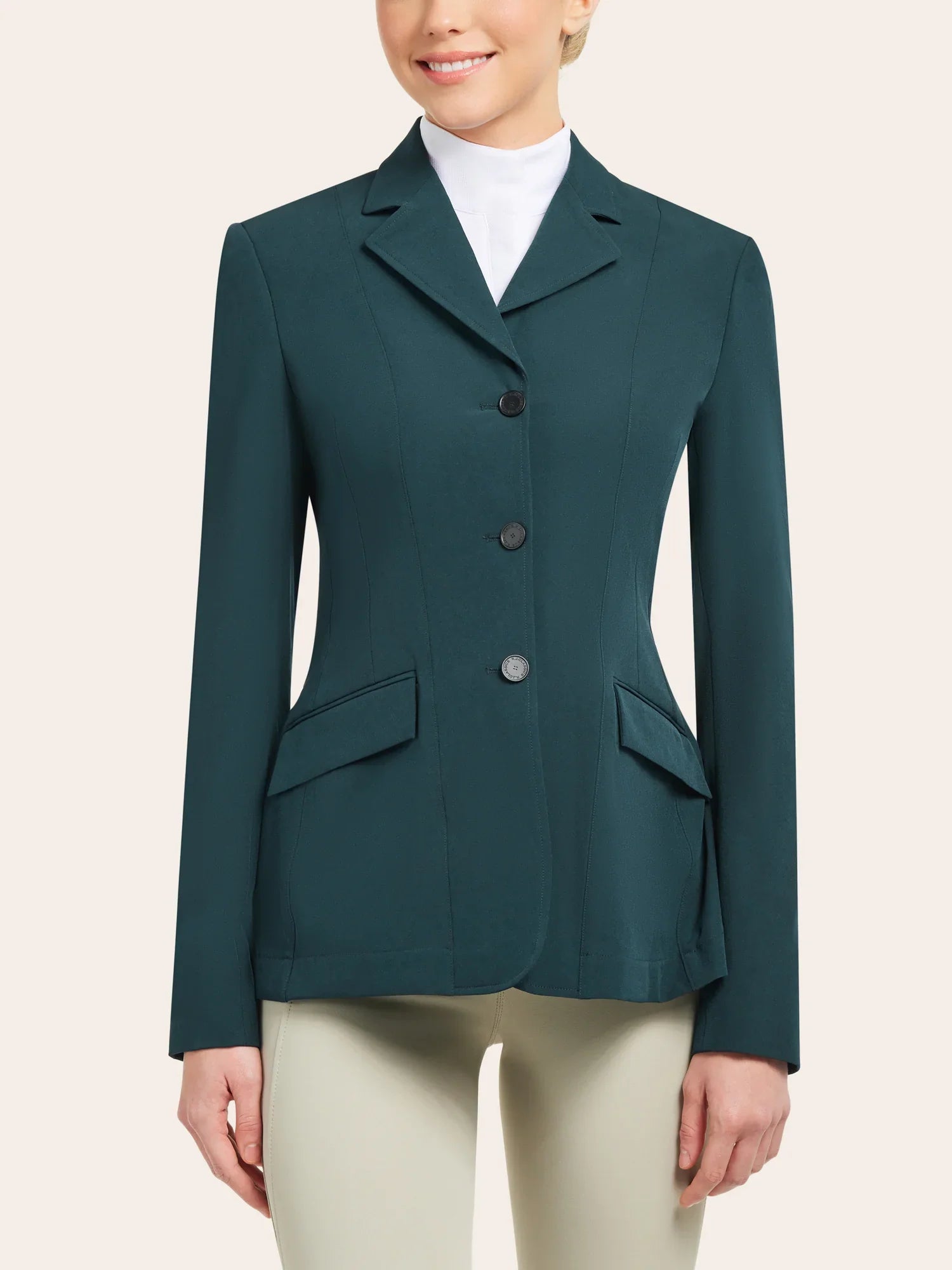 Front view of a model wearing the green RJ Classics Skylar Show Coat on a white background