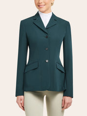 Front view of a model wearing the green RJ Classics Skylar Show Coat on a white background