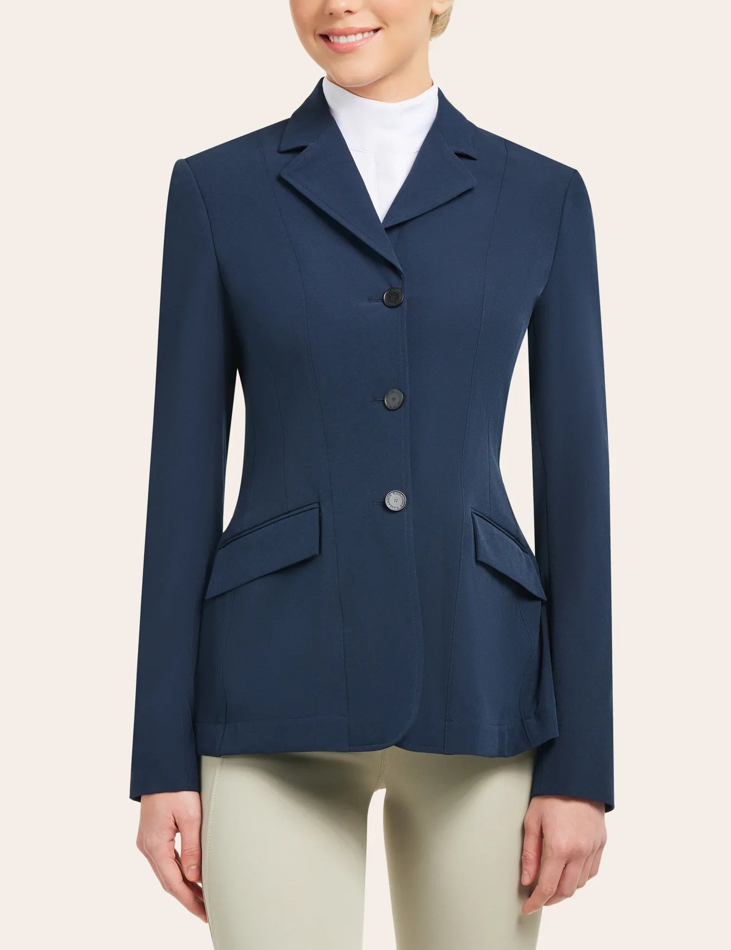 Front view of a model wearing the navy RJ Classics Skylar Show Coat on a white background