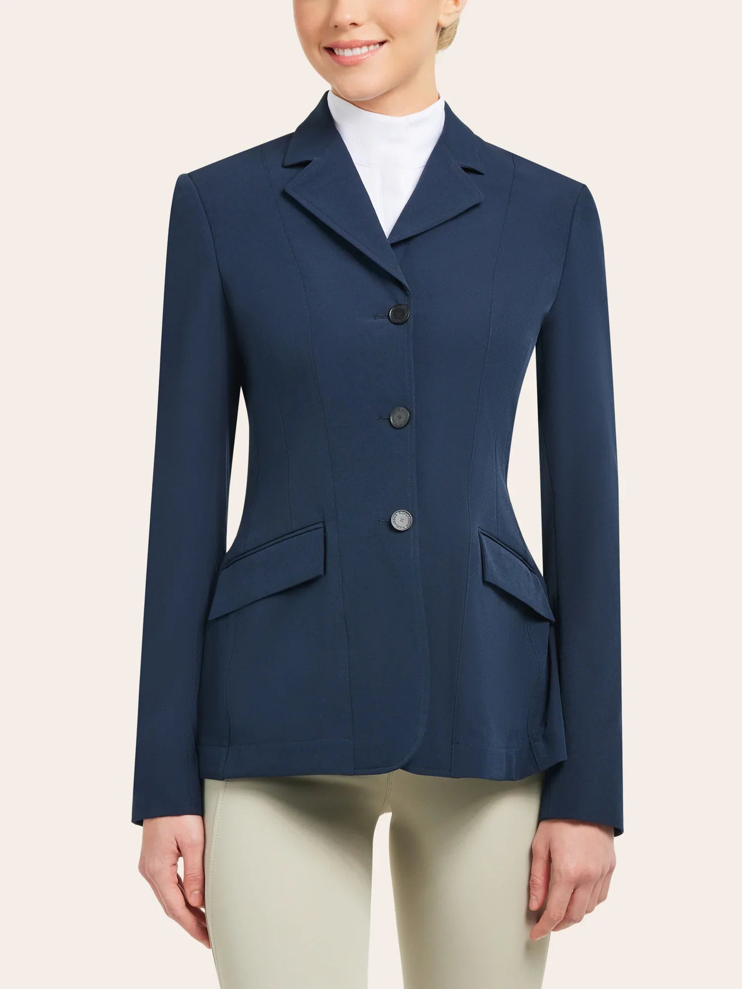 Front view of a model wearing the navy RJ Classics Skylar Show Coat on a white background