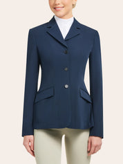 Front view of a model wearing the navy RJ Classics Skylar Show Coat on a white background