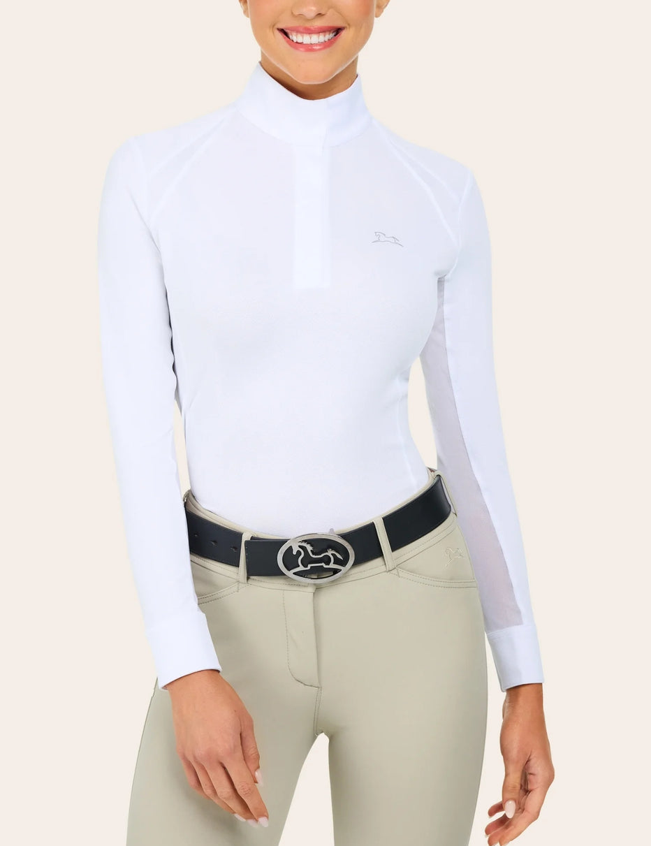 Front view of a female model wearing the white RJ Classics Sofia Long Sleeve Show Shirt on a plain background