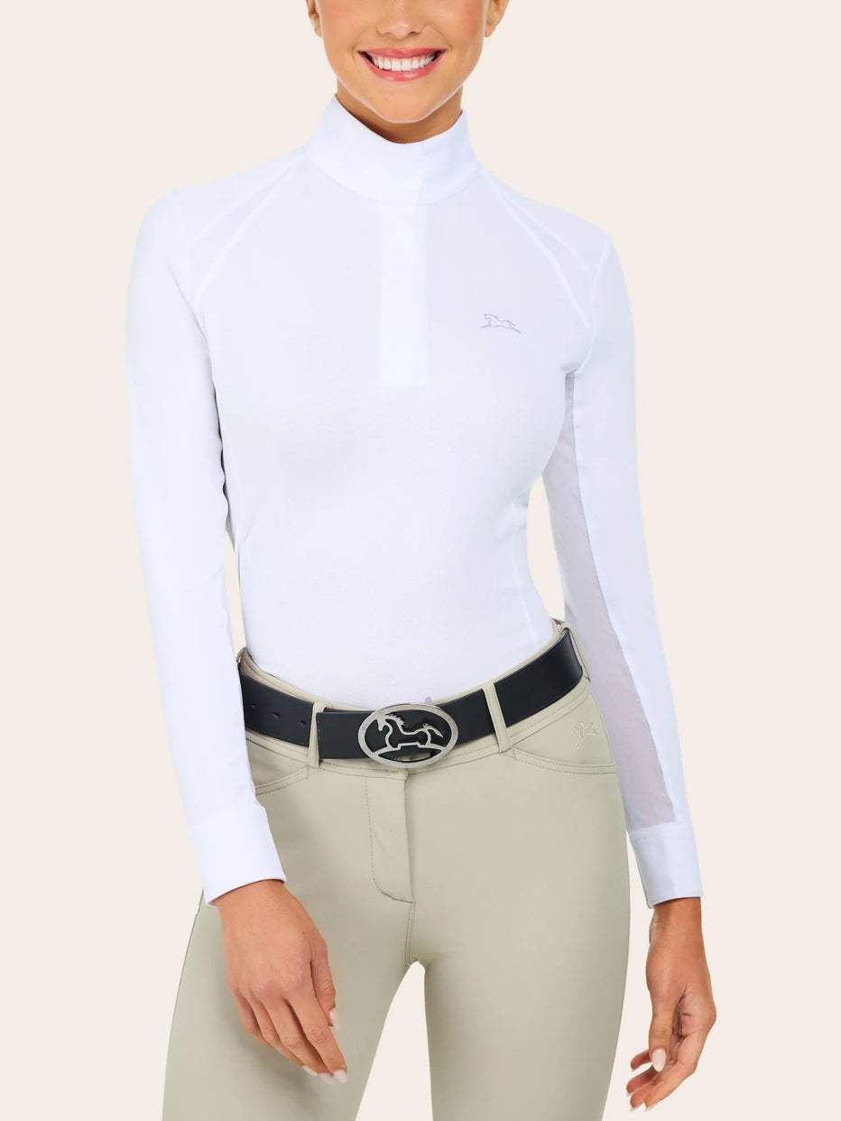 Front view of a female model wearing the white RJ Classics Sofia Long Sleeve Show Shirt on a plain background