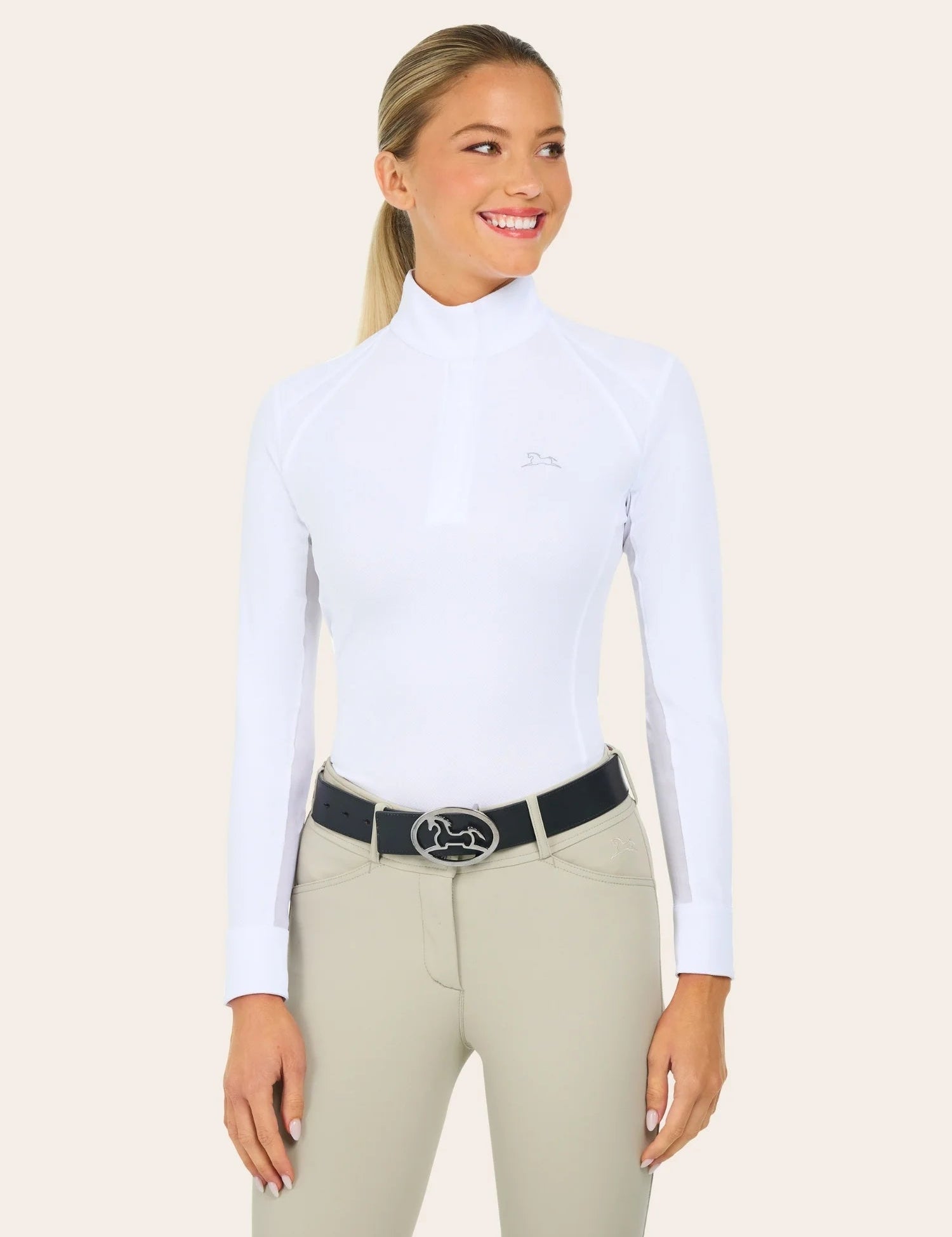Front view of a female model wearing the white RJ Classics Sofia Long Sleeve Show Shirt on a plain background