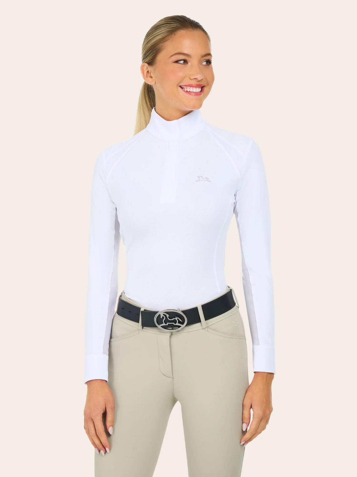 Front view of a female model wearing the white RJ Classics Sofia Long Sleeve Show Shirt on a plain background