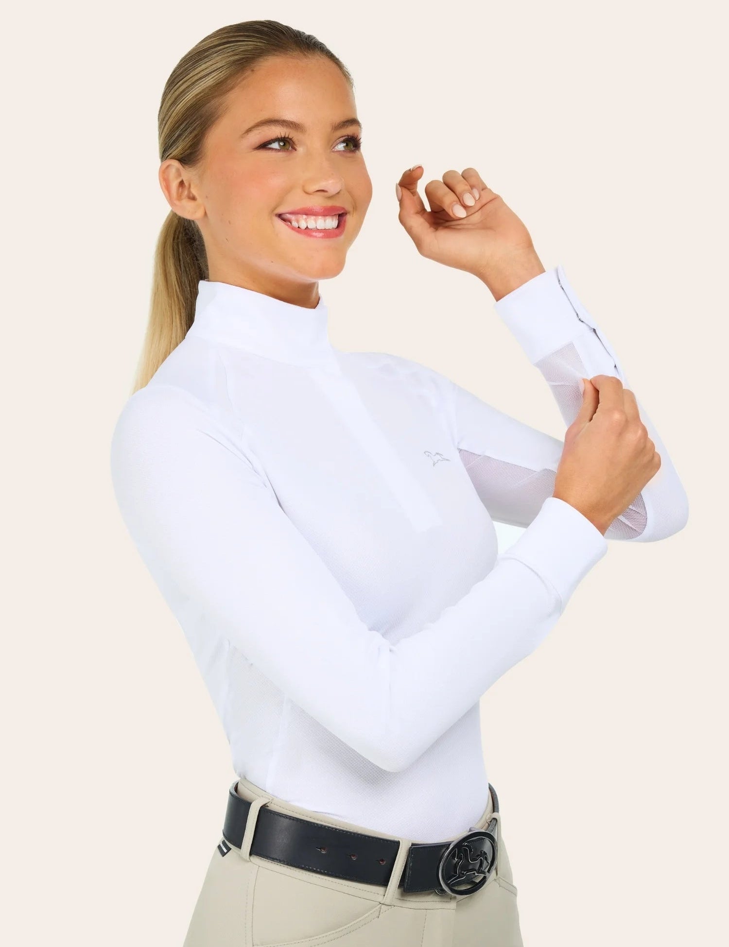Front view of a female model wearing the white RJ Classics Sofia Long Sleeve Show Shirt on a plain background