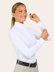Front view of a female model wearing the white RJ Classics Sofia Long Sleeve Show Shirt on a plain background