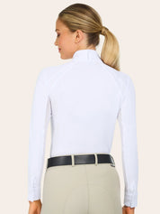 Back view of a female model wearing the white RJ Classics Sofia Long Sleeve Show Shirt on a plain background