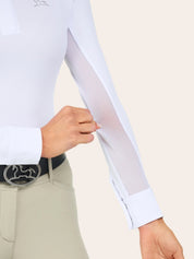 Close-up view of a female model showing the mesh fabric on the white RJ Classics Sofia Long Sleeve Show Shirt on a plain background