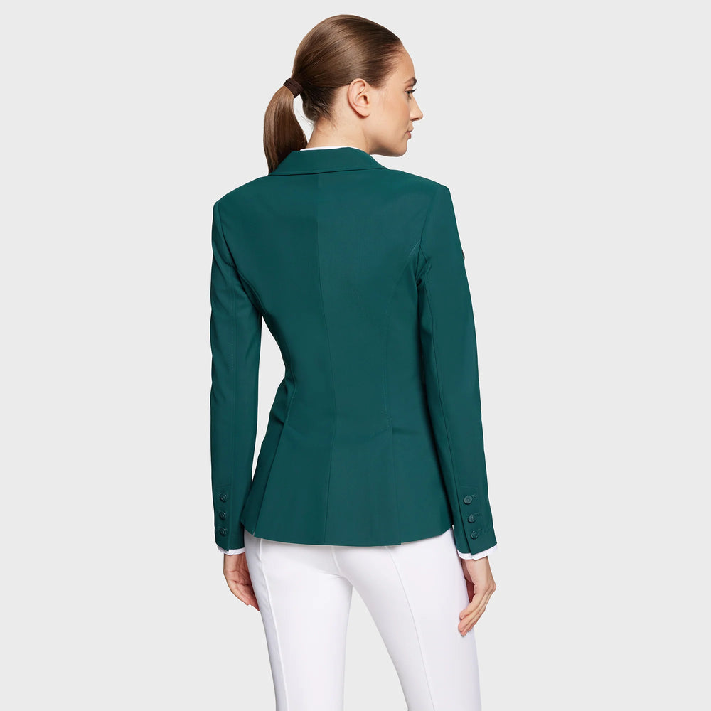Back view of a female model wearing the Hunter Green Samshield Alexia Show Coat on a white background