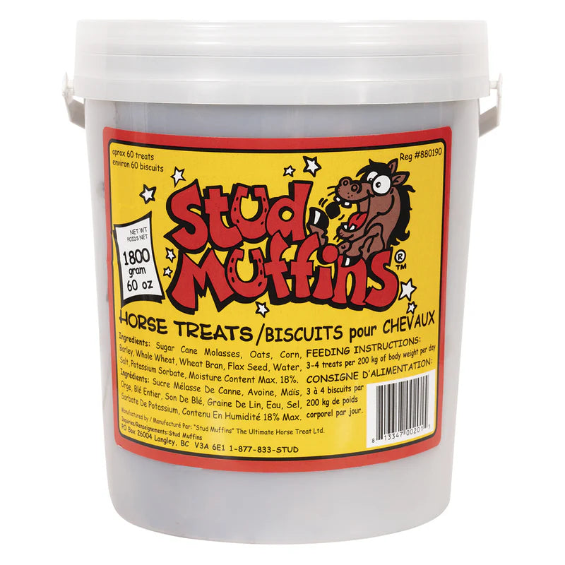 Front view of a 60 oz tub of Stud Muffins Original Horse Treats on a white background