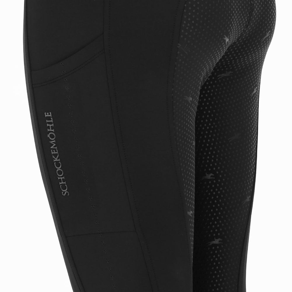 Close-up side view of the Dark Grey Schockemohle Air Sporty Full Seat Riding Tights on a white background
