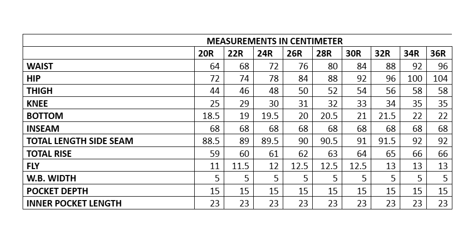Size chart for the KL Select Gabrielle Full Seat Breech
