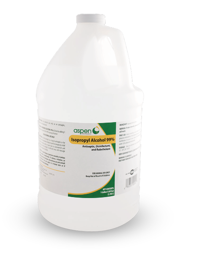 Front view of a 1 gallon jug of Aspen Vet Isopropyl Alcohol 70% on a white background