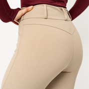 Close-up back view of a model wearing the Cairo TKEQ SCULPT Knee Grip Breeches on a plain background