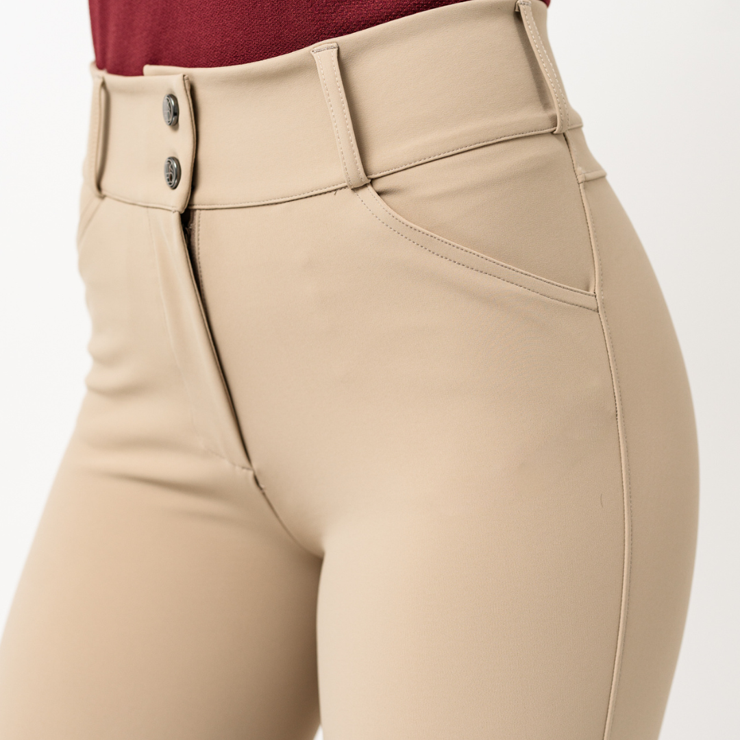 Close-up front view of a model wearing the Cairo TKEQ SCULPT Knee Grip Breeches on a plain background
