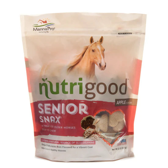 Front view of a 2 lb bag of Nutrigood Senior Snax Horse Treats on a white background
