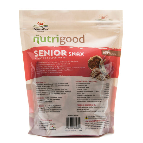 Back view of a 2 lb bag of Nutrigood Senior Snax Horse Treats on a white background