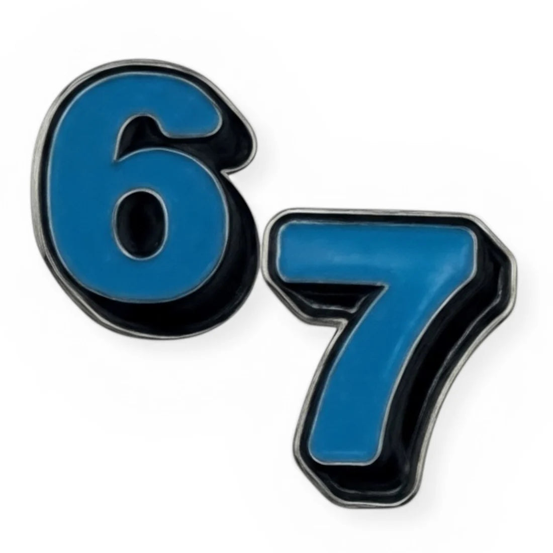 Front view of a pair of Six Seven Dubois Cheval Number Pin Charm on a white background