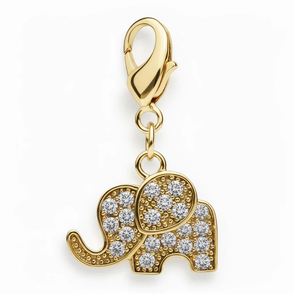 Front view of the gold elephant Dubois Cheval Braid Charm on a white background