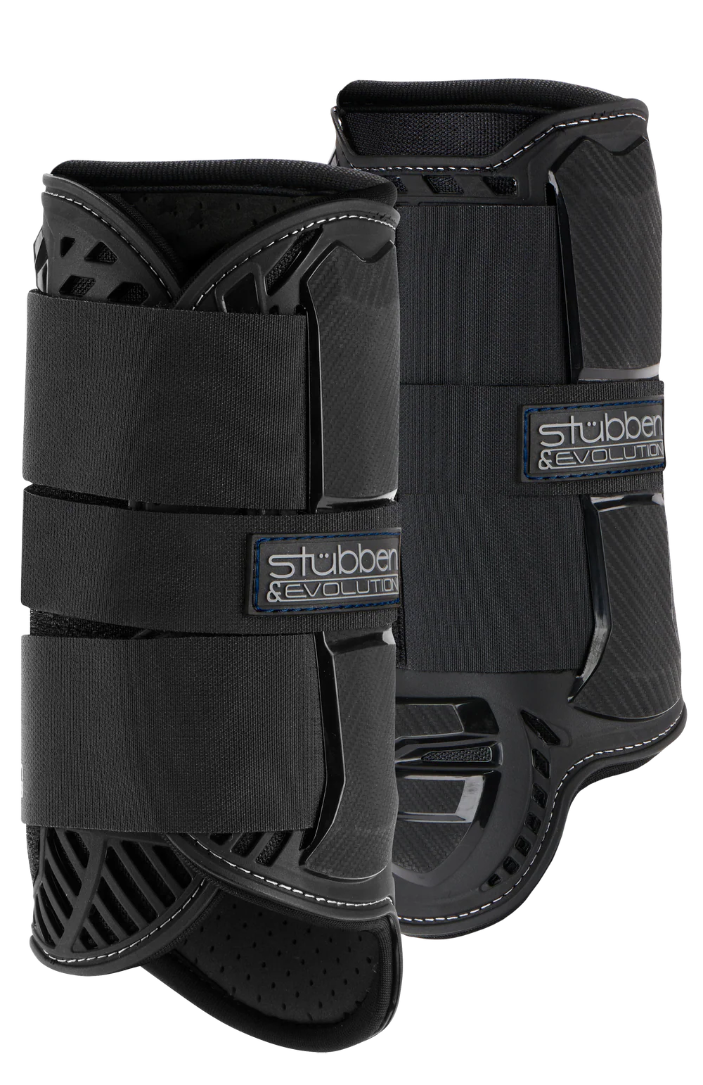 Side view of a pair of black Stubben Hybrid Cross County Front Boots on a white background