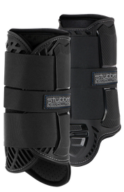 Side view of a pair of black Stubben Hybrid Cross County Front Boots on a white background