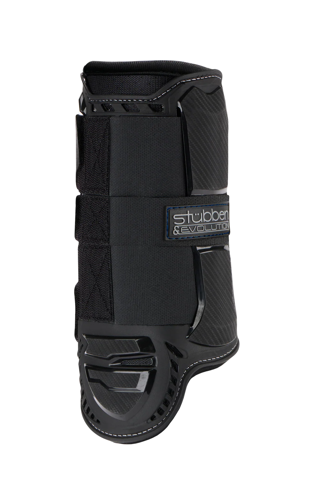 View of a black Stubben Hybrid Cross County Front Boot on a white background