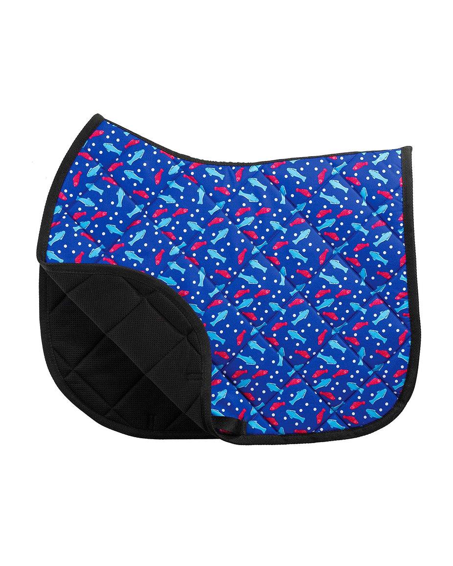 Side view of the Sweet-ish Fish Dreamers & Schemers Saddle Pad on a plain background with the corner turned up to show the mesh lining